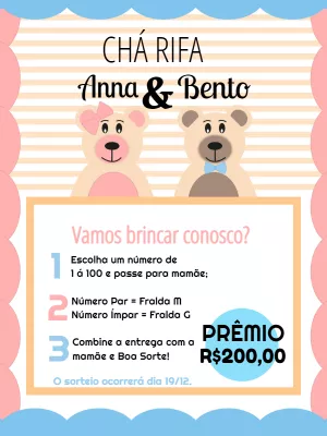 Convite Chá Rifa Casal Ursinhos Menino para chá rifa