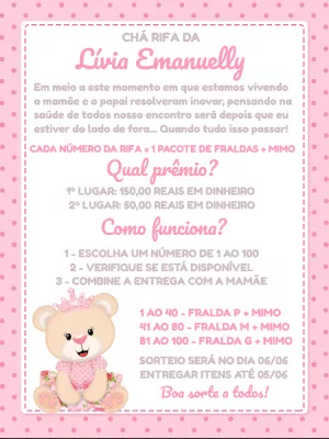 Convite Chá Rifa Ursinha Princesa 1 para chá rifa