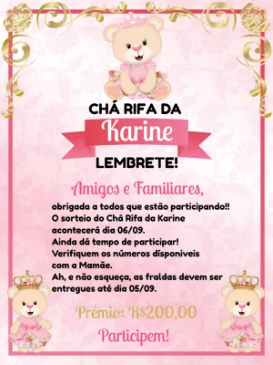 Convite Lembrete Chá Rifa Ursinha Princesa Fraldas para chá rifa