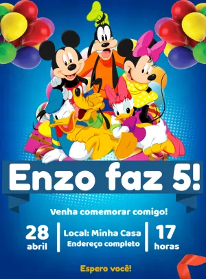 Convite Turma Do Mickey Azul para aniversário infantil