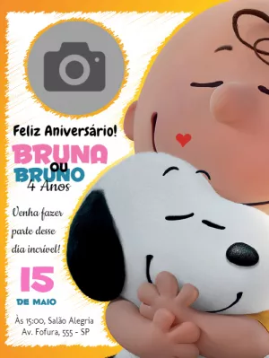 Convite Snoopy E A Turma Do Charlie Brown Com Foto Branco para aniversário infantil