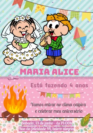 Convite Festa Junina Turma Da Mônica Fogueira para aniversário infantil