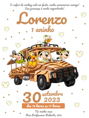 Convite Safari Do Mickey Mouse Mickei para aniversário infantil
