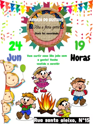 Convite Arraiá Turma Da Mônica Junina para aniversário infantil