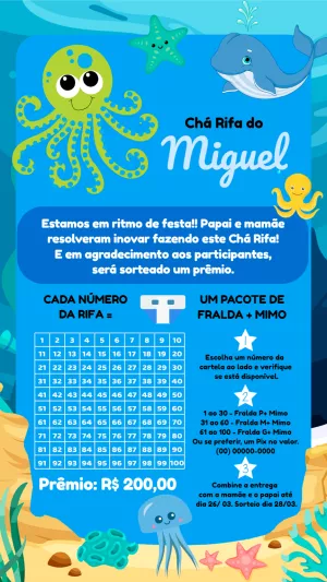 Convite Chá Rifa Fundo Do Mar Estrelinha para aniversário infantil