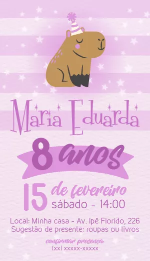 Convite Capivara Roxo para aniversário infantil