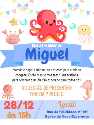 Convite Chá De Fralda Fundo Do Mar Bebê para aniversário infantil