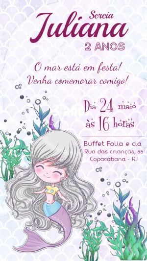 Convite Sereia Fundo Do Mar Lilas para aniversário infantil