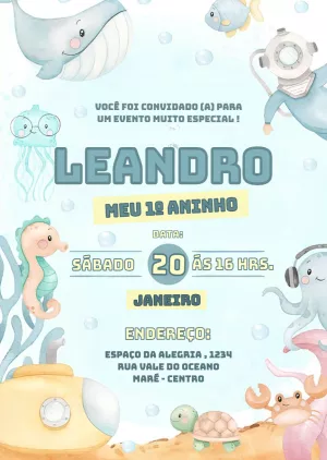 Convite Fundo Do Mar Fraldas para aniversário infantil