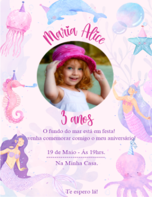 Convite Fundo Do Mar Com Foto Menina para aniversário infantil