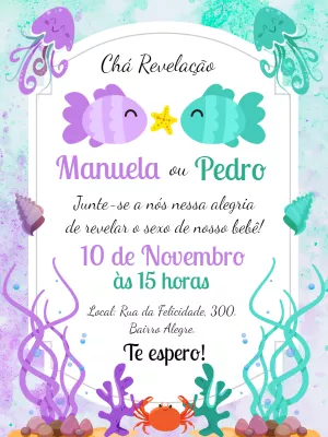 Convite Chá Revelação Lilás E Verde Fundo Do Mar Fraldas para aniversário infantil