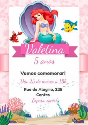 Convite Pequena Sereia Ariel Branco para aniversário infantil